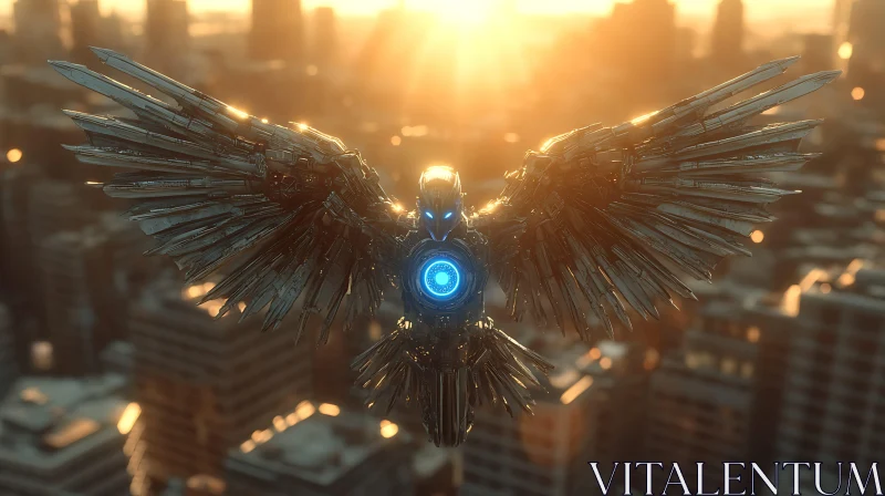 Mechanical Avian Over City During Sunset AI Image