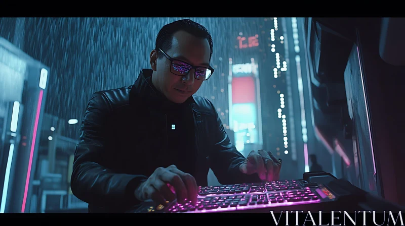 Cyberpunk Hacker in Rainy Neon City AI Image