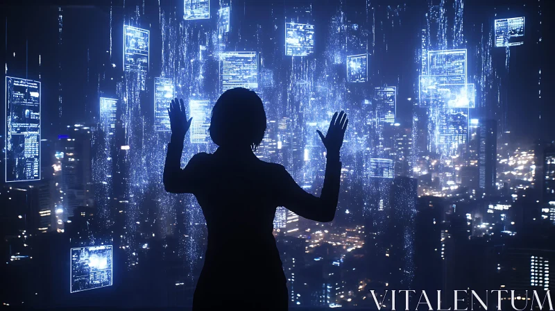 Silhouette with Holographic Screens in High-Tech Night City AI Image