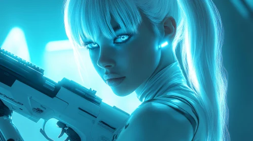 Neon Blue-Eyed Cyborg Wielding A Futuristic Gun