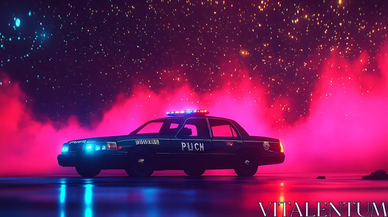 Neon Night Police Car Scene AI Image