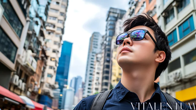 Modern City Reflections: Man in Sunglasses Surrounded by Skyscrapers AI Image