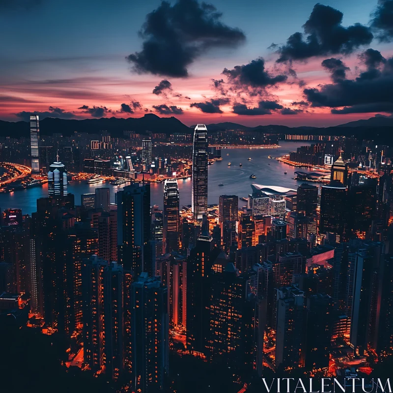 Nighttime Urban Landscape with Illuminated High-Rises and Water Reflection AI Image