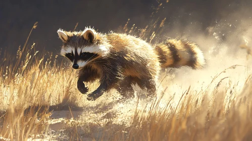 Raccoon Running Through Grass