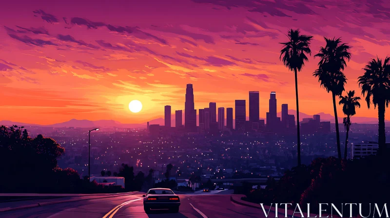 Sunset Cityscape with Palm Trees and Car AI Image