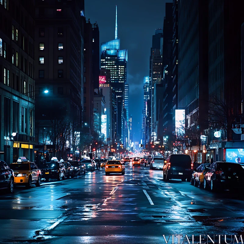 City Street at Night with Wet Pavement and Skyscrapers AI Image