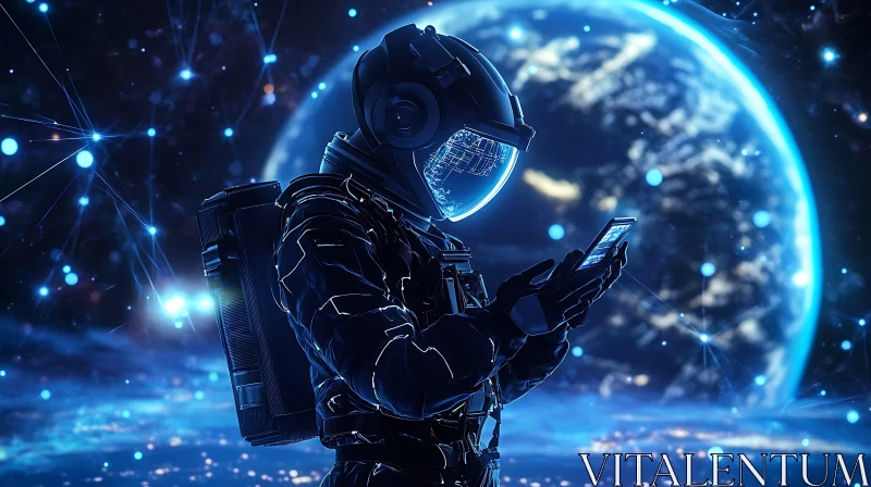 Astronaut Interacting with Holographic Data in Space AI Image