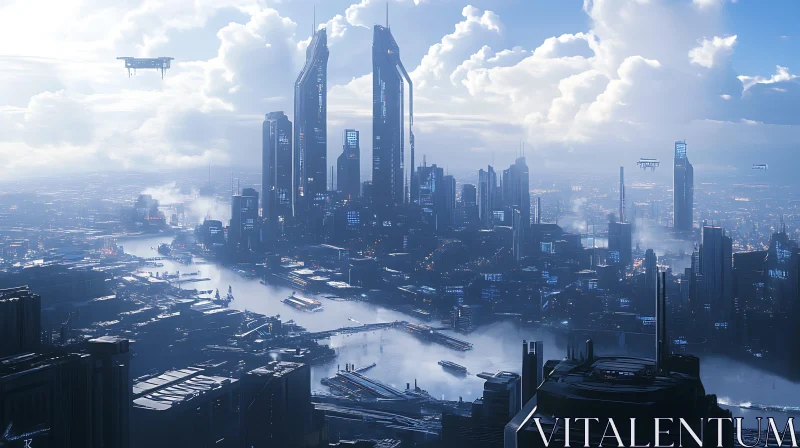 Modern Urban Landscape with Skyscrapers and Flying Vehicles AI Image