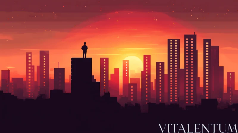 Man Standing Over Cityscape at Sunset AI Image