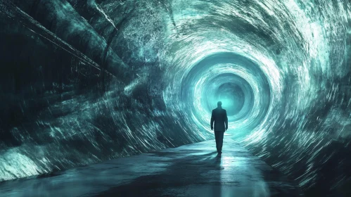 Man Walking in Glowing Tunnel