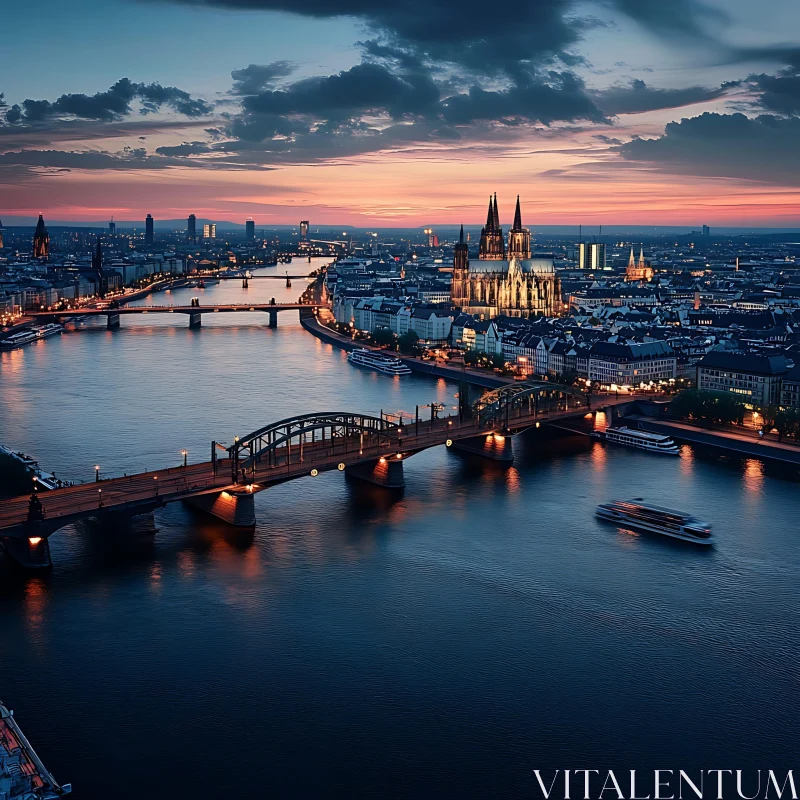 City Nightscape with River and Bridges at Dusk AI Image