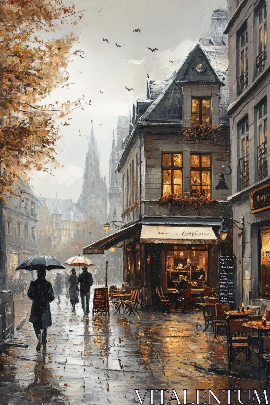 Serene Urban Rainy Scene with Umbrellas AI Image