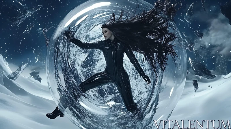 Fantastical Woman in Bubble Floating in Snowy Night AI Image