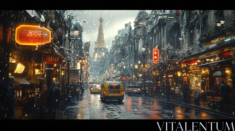 Paris Night Street Scene with Snow and Eiffel Tower AI Image