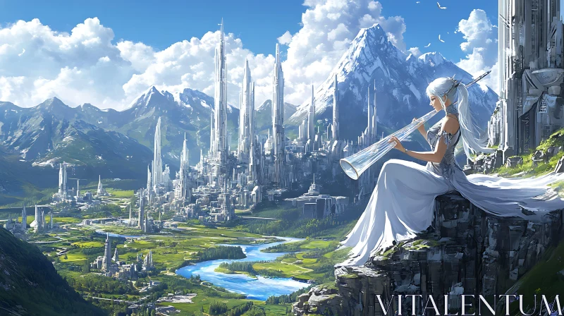 Serene Woman Playing Flute Overlooking Futuristic Cityscape AI Image