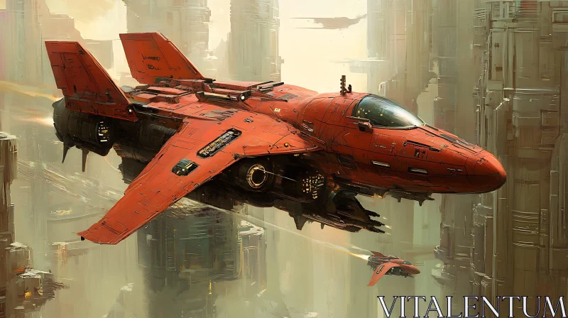 Advanced Red Spaceship in Futuristic City AI Image