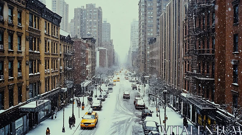 Winter Cityscape with Snowfall and Busy Street AI Image