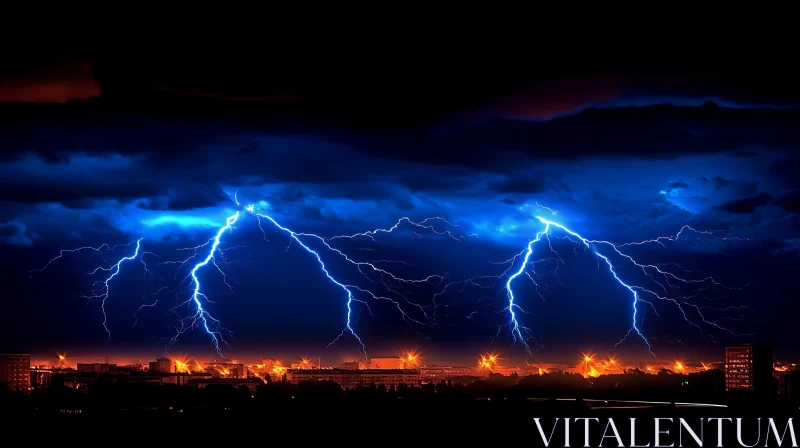 Nighttime Thunderstorm Illuminates City with Lightning AI Image