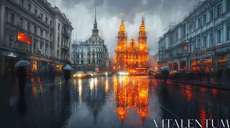 Rainy Night in the City with Glowing Architecture AI Image