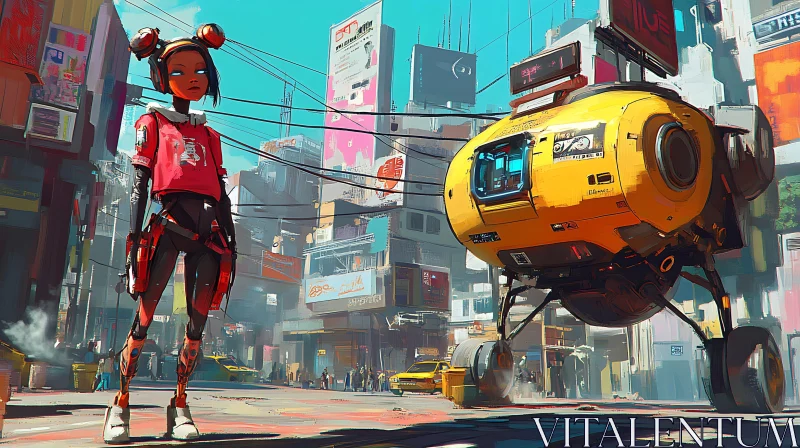 Cyberpunk City with Young Hero and High-Tech Robot AI Image