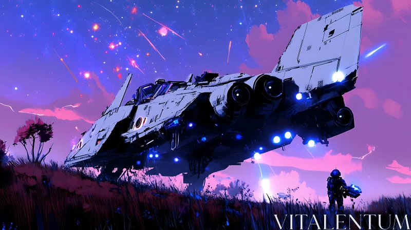 Traveler Confronts Mystical Spaceship Under Starry Sky AI Image