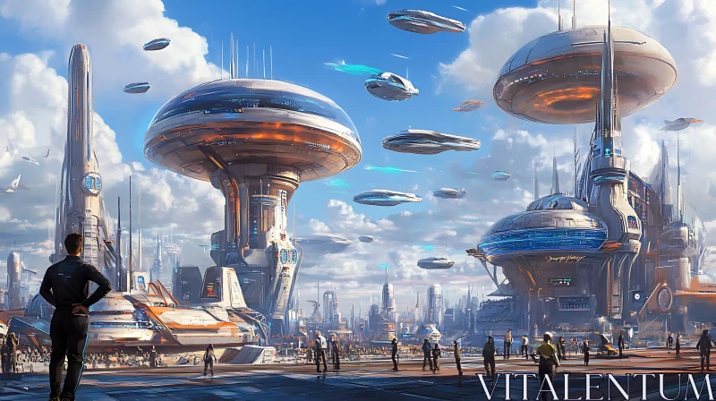 Sci-Fi Urban Landscape with Flying Vehicles and Modern Architecture AI Image