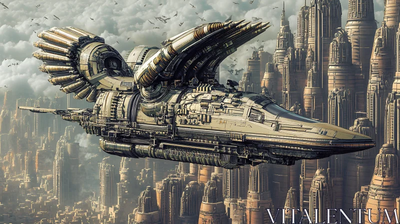 Advanced Spaceship Above a Detailed Future City AI Image