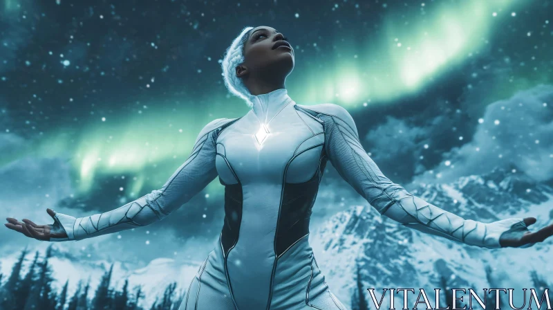 AI ART Woman with Subtle Glow Beneath Northern Lights