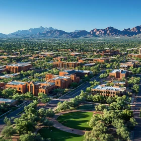 Panoramic City with Brick Buildings and Mountains