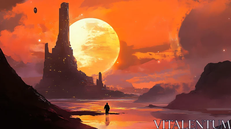 Majestic Sunset Silhouette in Fantasy Setting AI Image