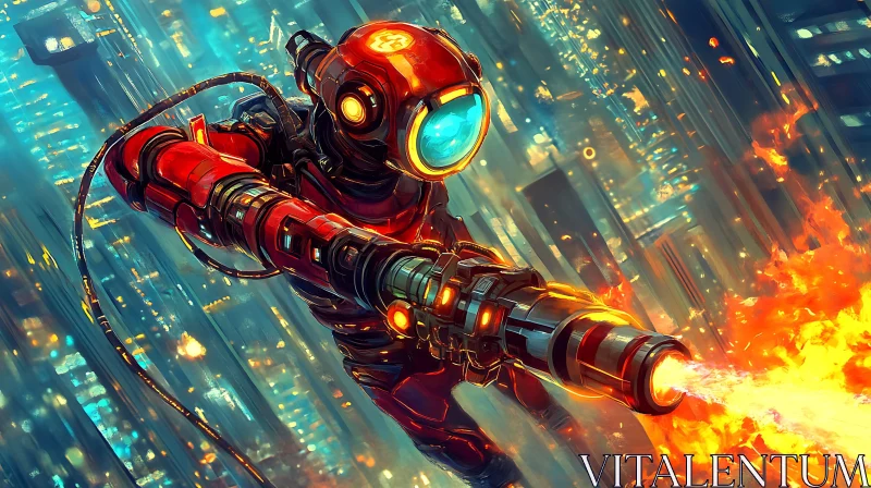 AI ART Cyborg with Flamethrower in a Futuristic Metropolis