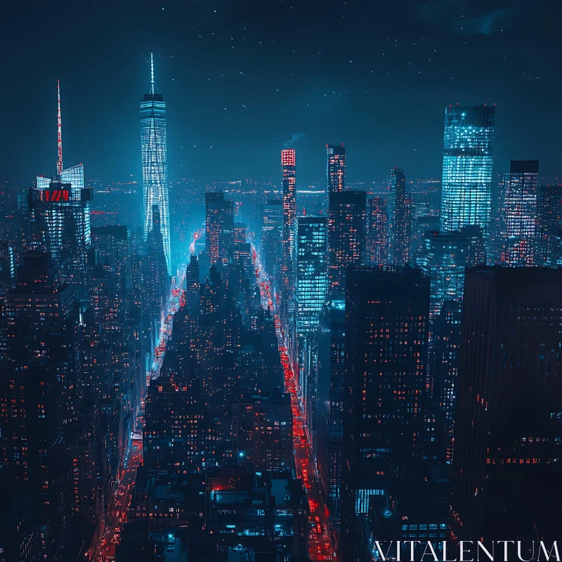 Urban Nightscape with Blue and Red Lights AI Image