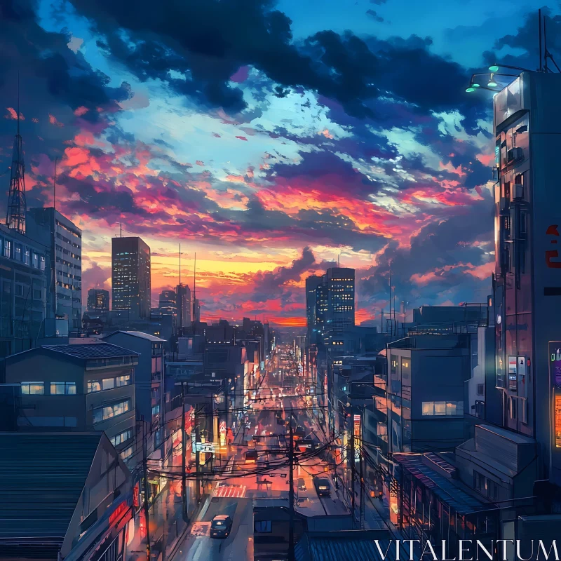 Enchanting Urban Sunset with Radiant Colors AI Image