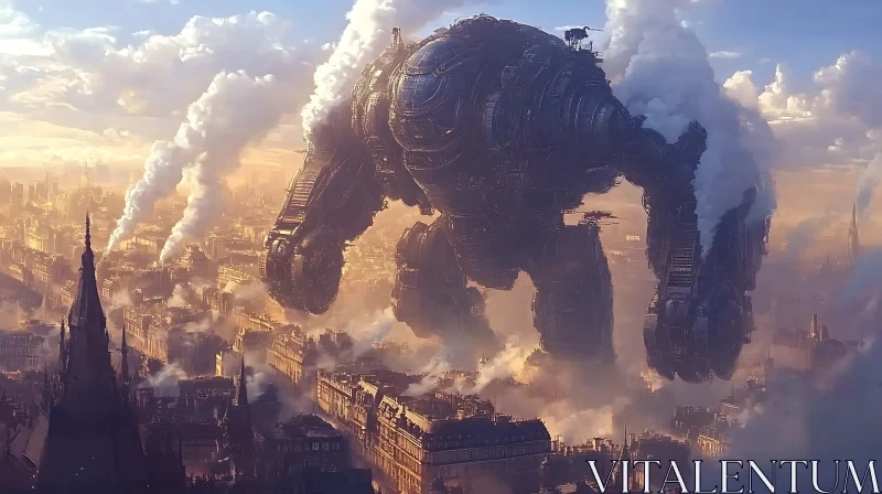 Gigantic Steampunk Machine Over Historical City AI Image