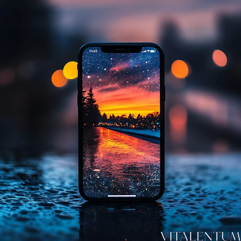 AI ART Stunning Smartphone Reflection with Sundown and Starry Night