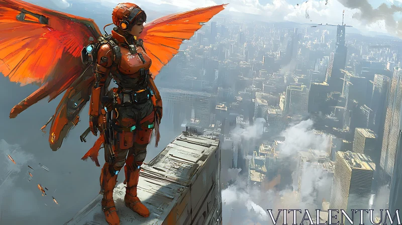 High-Tech Winged Woman Over Futuristic Urban Skyline AI Image