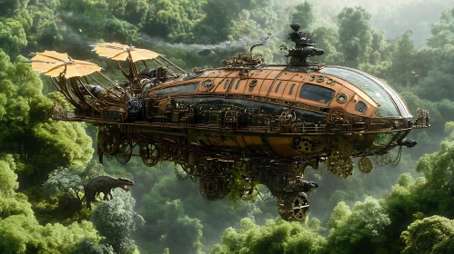 Intricate Steampunk Airship with Dinosaur in Forest