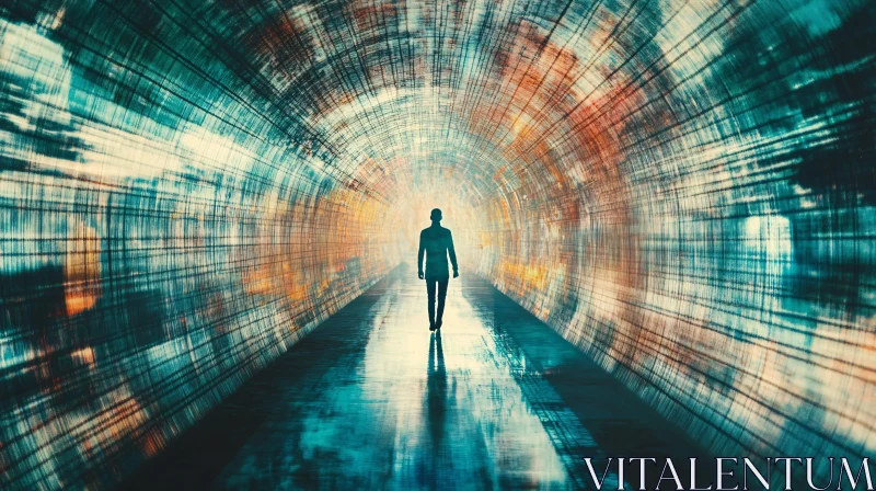 Person in Vividly Lit Tunnel Journey AI Image