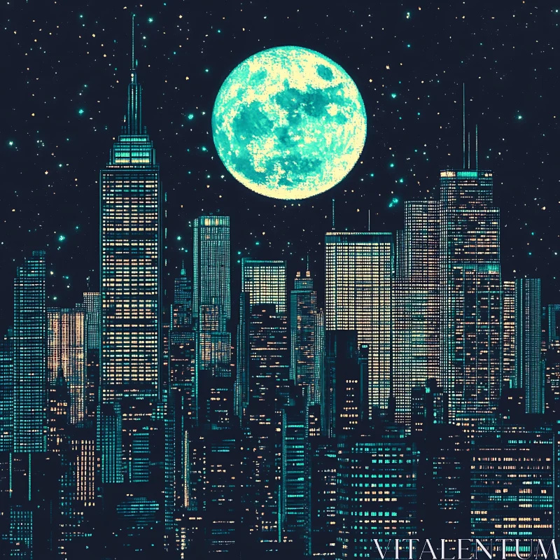 AI ART Urban Skyline Under The Full Moon