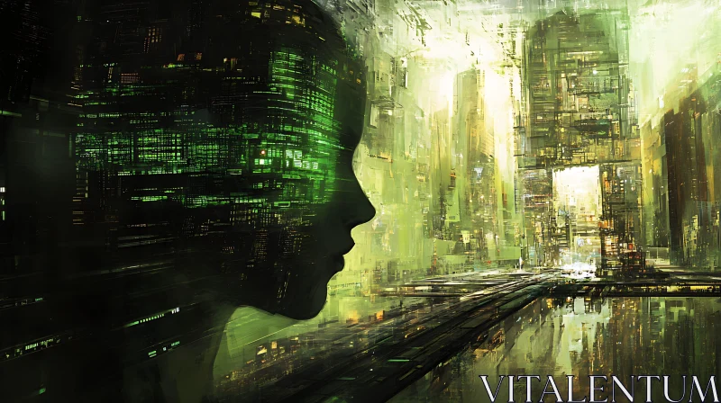 Cybernetic Silhouette in Green Digital Cityscape AI Image