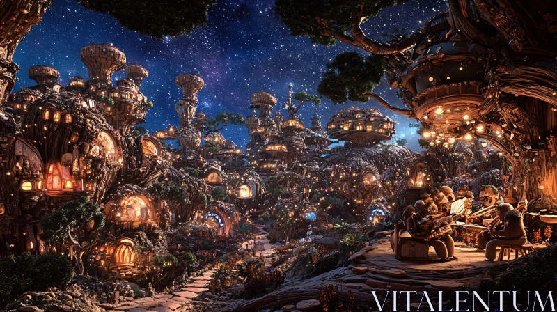 Magical Night in a Fantasy Village with Architectural Wonders AI Image