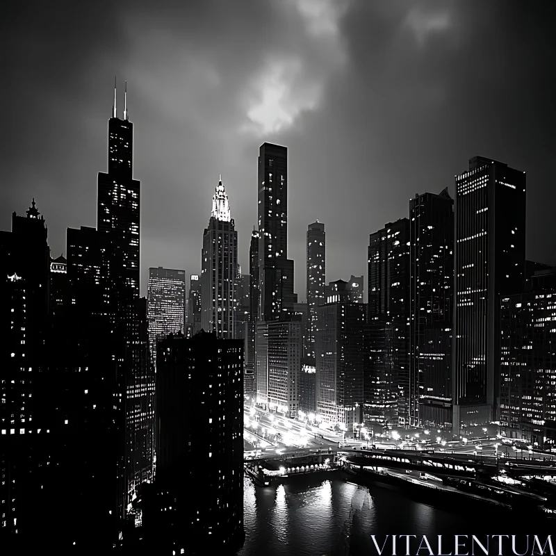 Urban Night Skyline in Monochrome AI Image