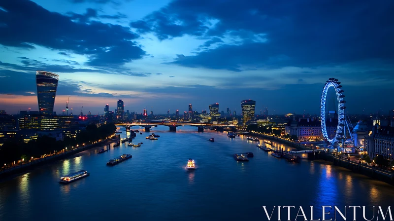 AI ART London Nighttime Skyline with River Thames and London Eye