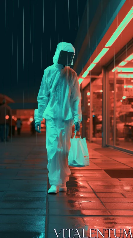 Neon Rain Walk in Hazmat Suit AI Image