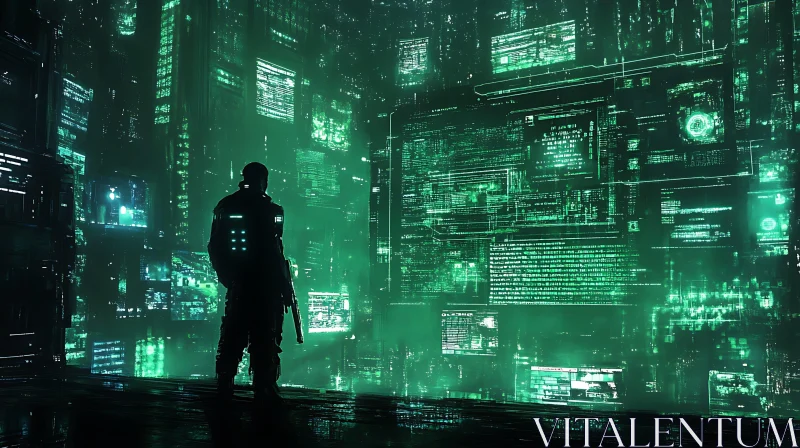 Futuristic Soldier Amidst Digital Data AI Image