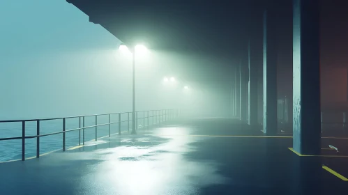 Misty Pier with Streetlights at Night