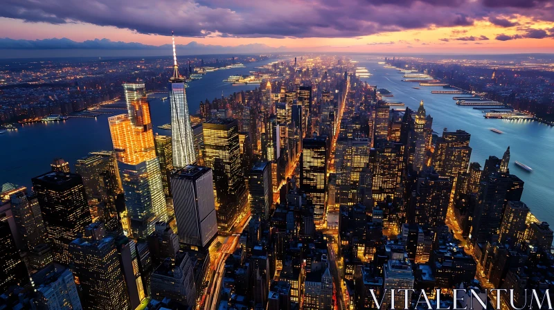 City Skyline at Night with Illuminated Buildings and River AI Image