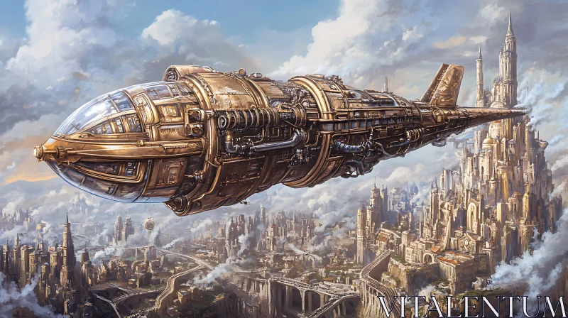 Steampunk Airship in Futuristic Skyline AI Image