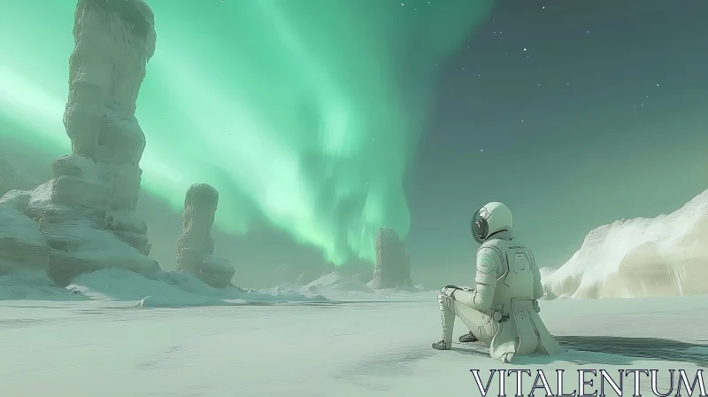 Astronaut Gazing at Aurora in Snow AI Image