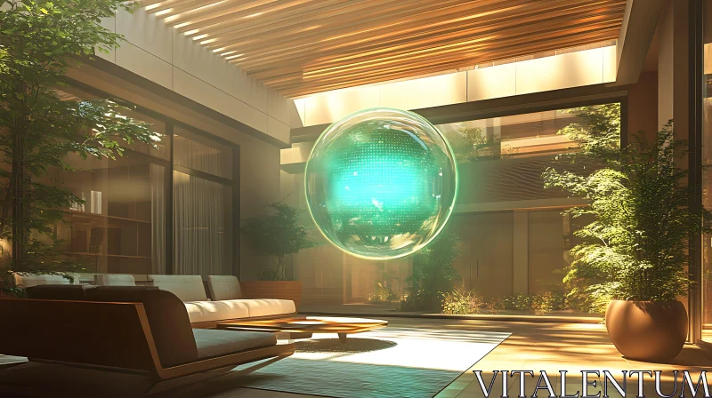 Modern Living Room with Futuristic Green Light Orb AI Image